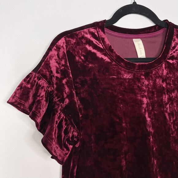 Altar'd State XSmall XS Burgundy Red Crushed Velvet Ruffle Short Sleeve Top Crew - Picture 3 of 8